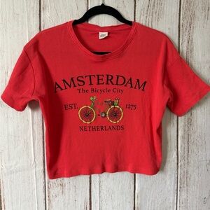 Day Break Amsterdam The Bicycle City Ribbed Crop Graphic T-Shirt M 100% Cotton